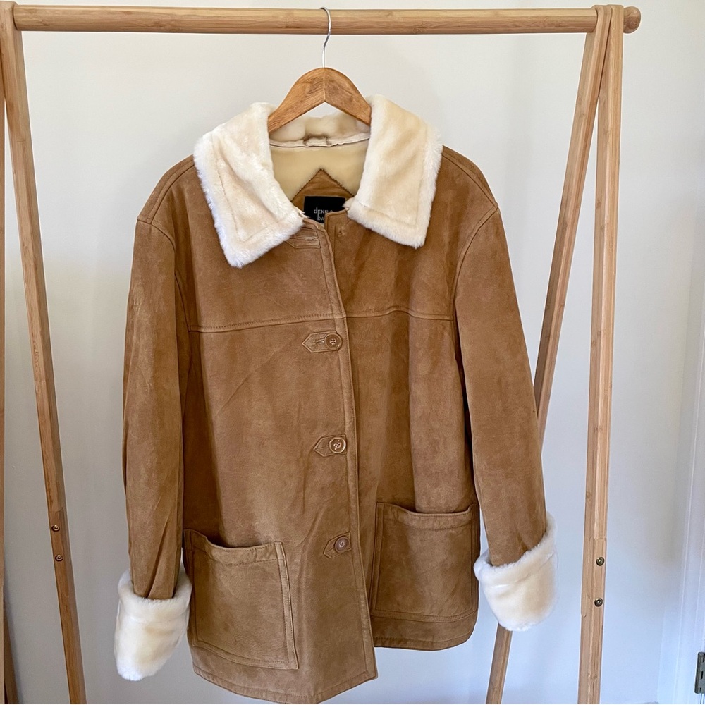 Vintage Suede Leather Faux Fur Lined Collared Coat in Camel Tan/Cream